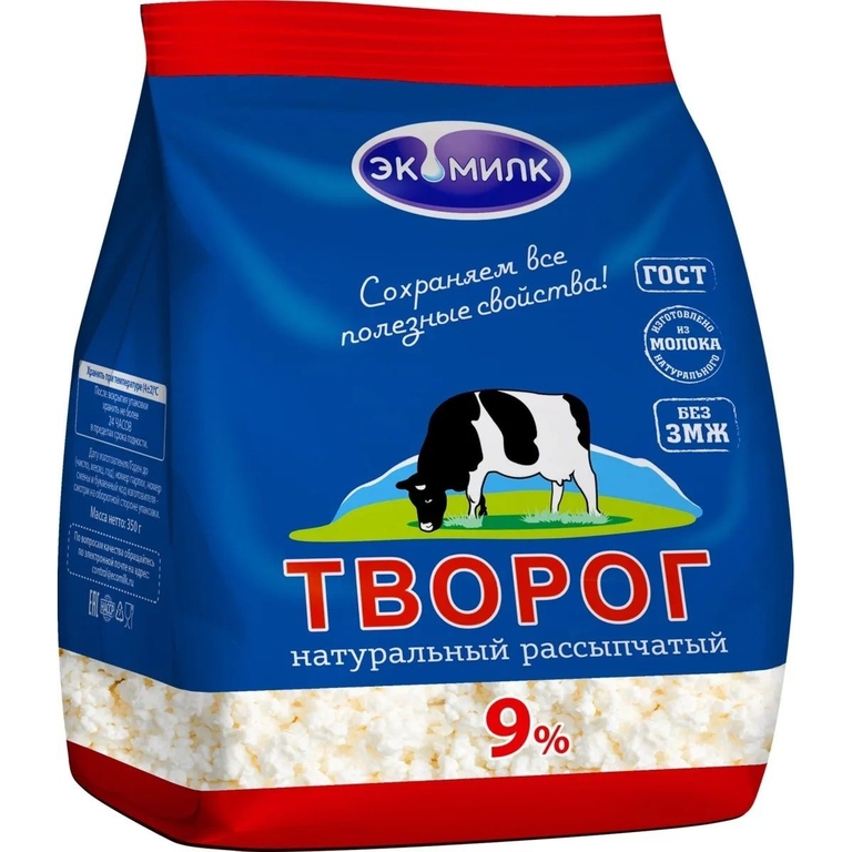 БЗМЖ Творог рассыпчатый Экомилк Натуральный 9% 350 г